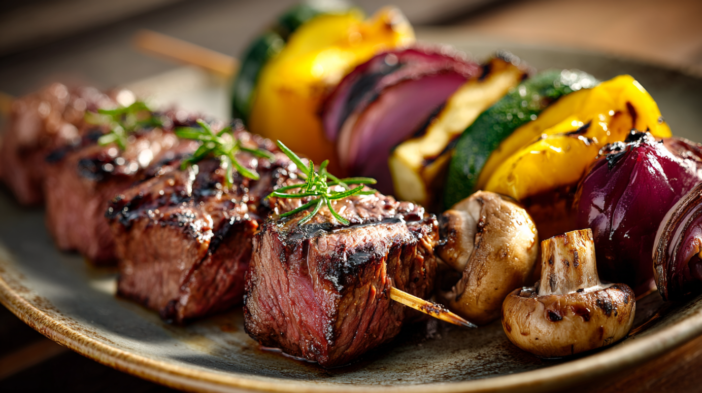 Bavette-spies met gegrilde groenten en champignons