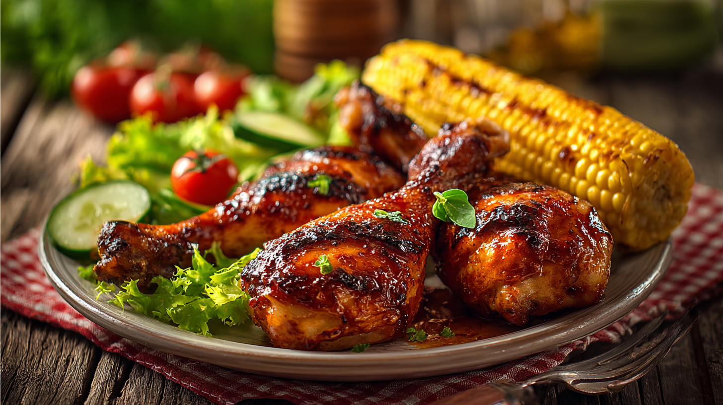 Sticky Kippenbout van de BBQ met gegrilde maïskolven
