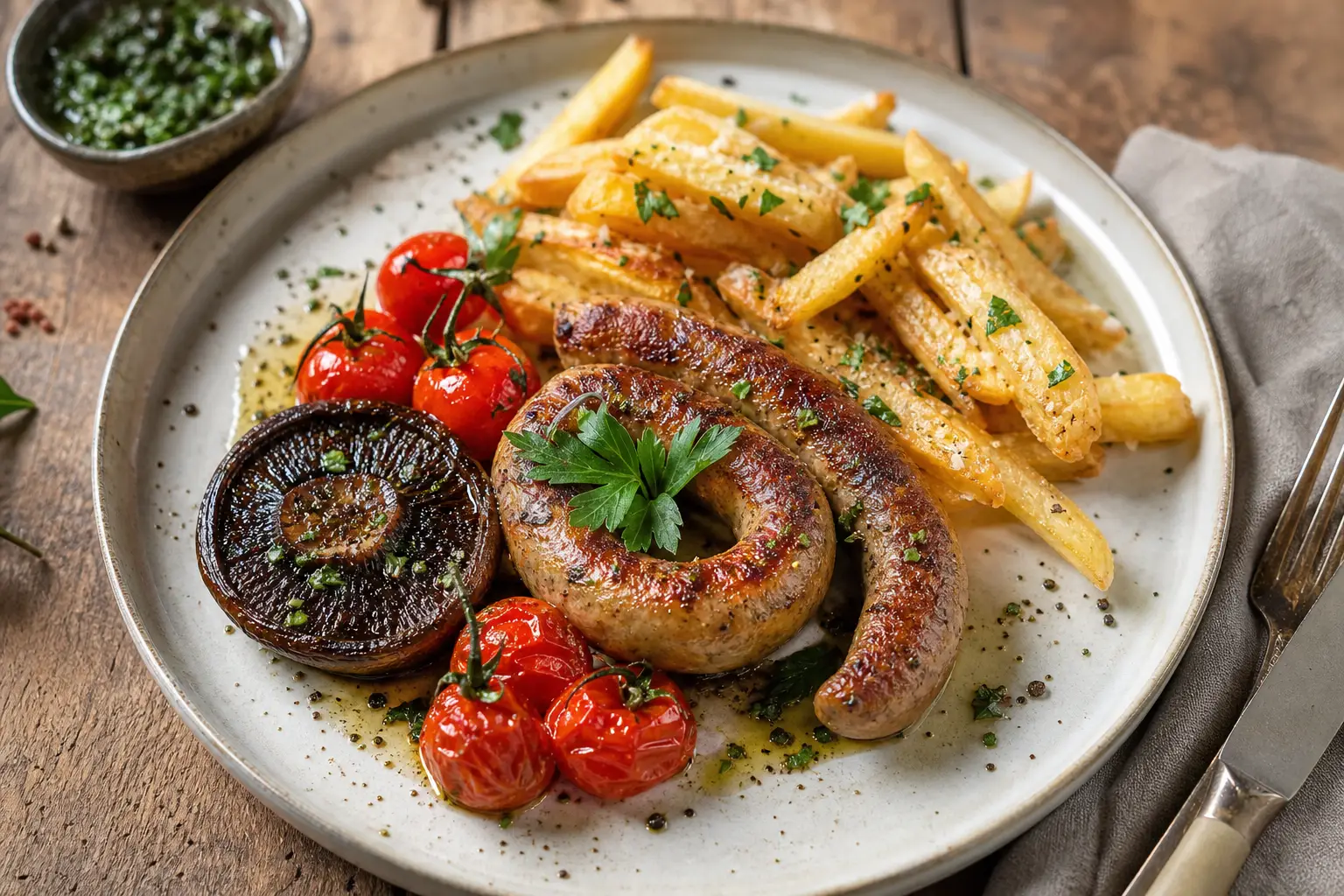 Italiaanse kalfssaucijs met portobello en verse friet