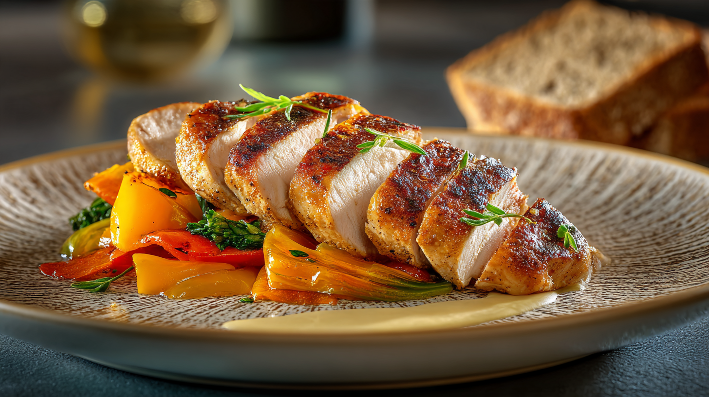 Gemarineerde kipfilet met geroosterde paprika en romige prei