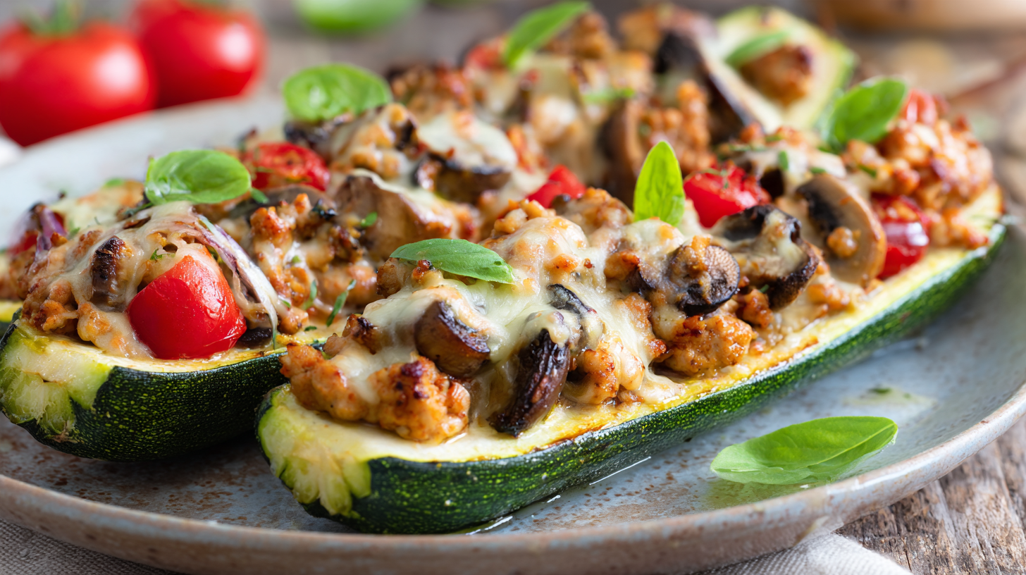 Gevulde aubergine met kipgehakt en champignons