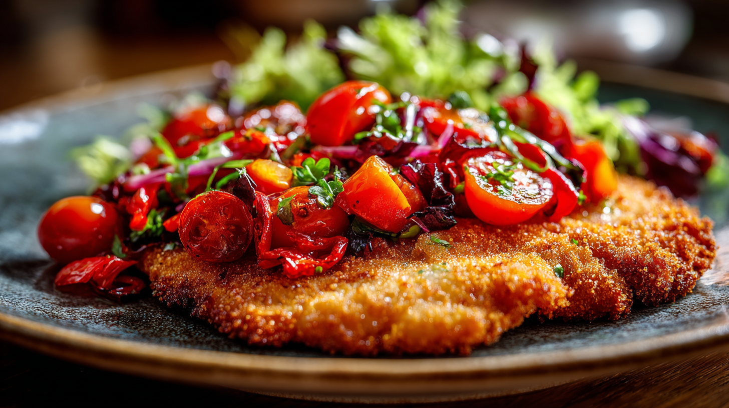Kalfsschnitzel Milanese met warme tomaten-paprikasalade