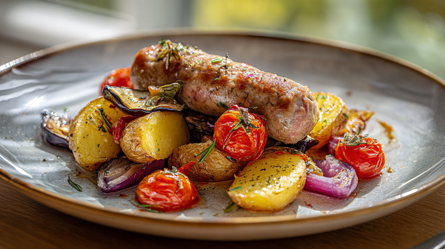 Kalfssaucijs met gebakken aubergine, tomaat en krieltjes
