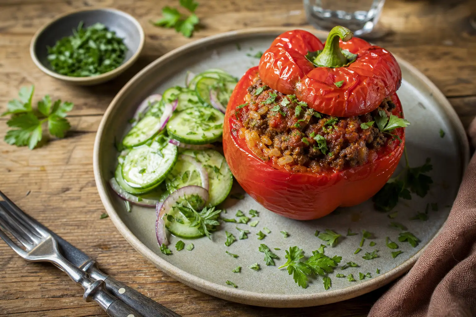 Gevulde paprika met rundergehakt en frisse komkommersalade