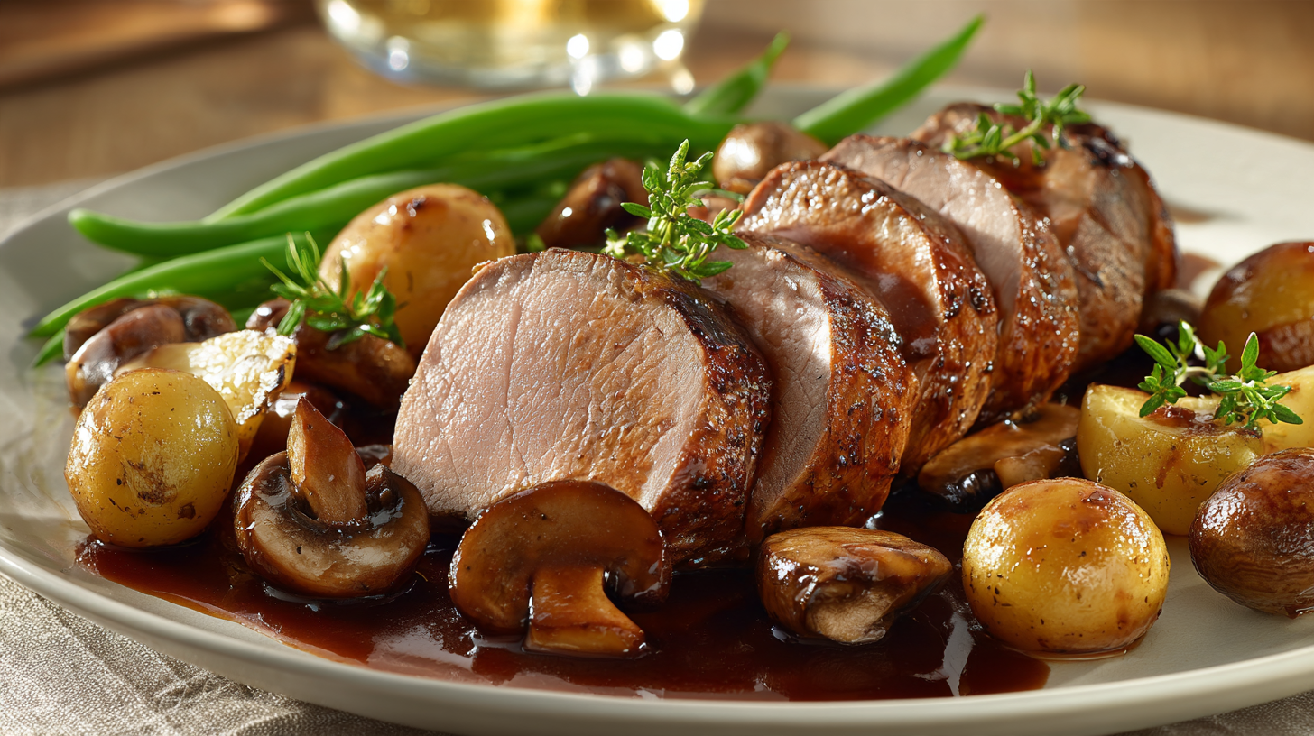 Varkenshaas met romige jus de veau, kastanjechampignons & haricots verts