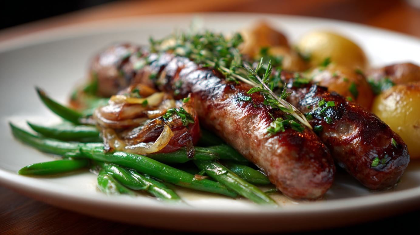 Lamsmerguez met haricots verts en gebakken aardappelen