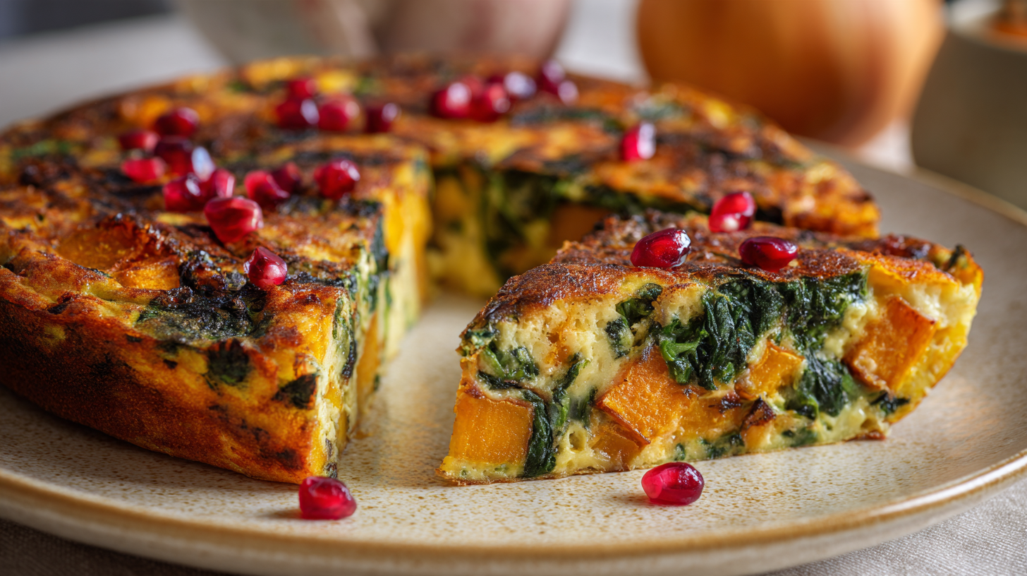 Kleurrijke Herfstfrittata met Pompoen, Spinazie en Granaatappel