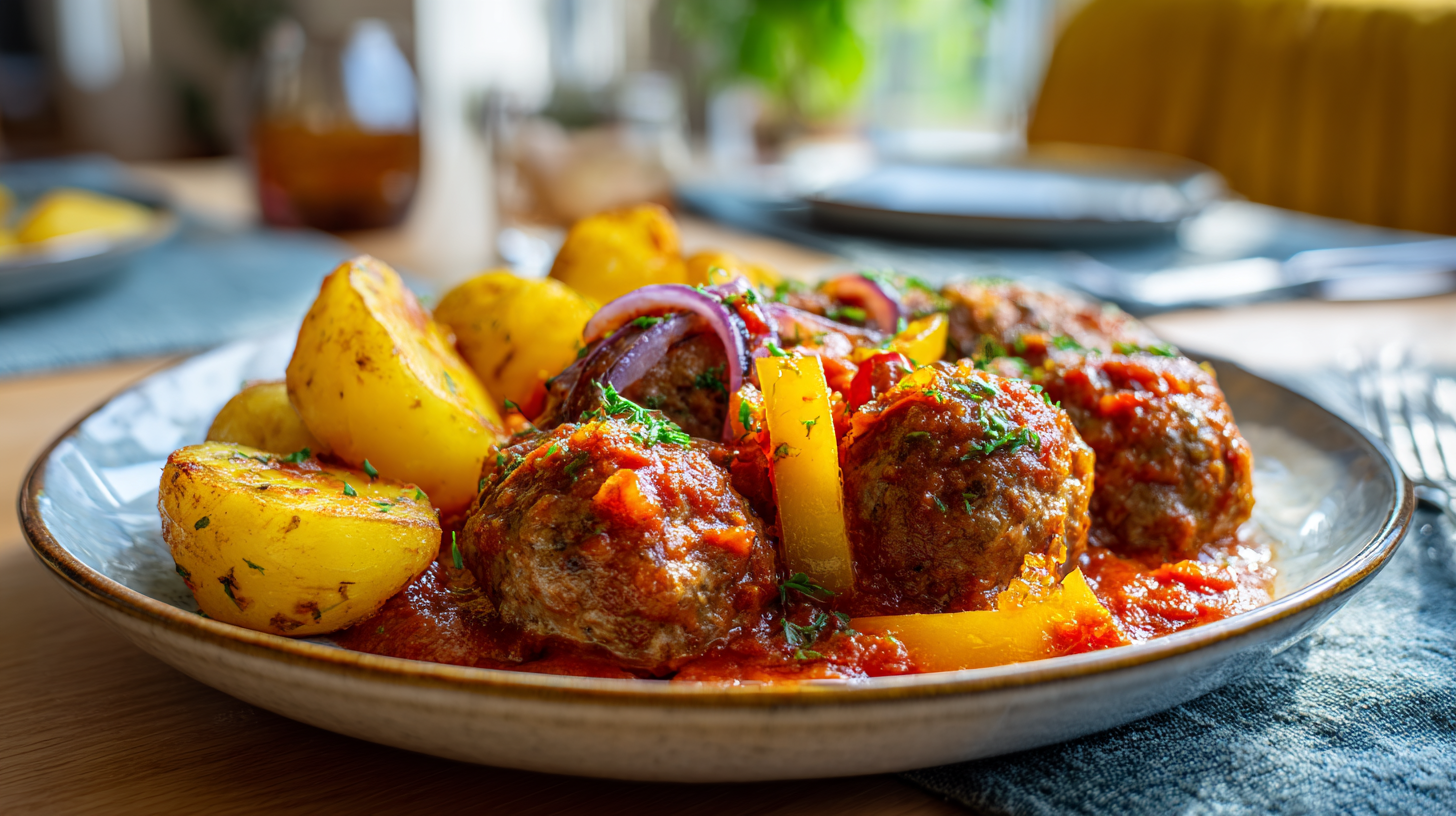 Lamsgehaktballetjes in tomatensaus met gebakken aardappelen