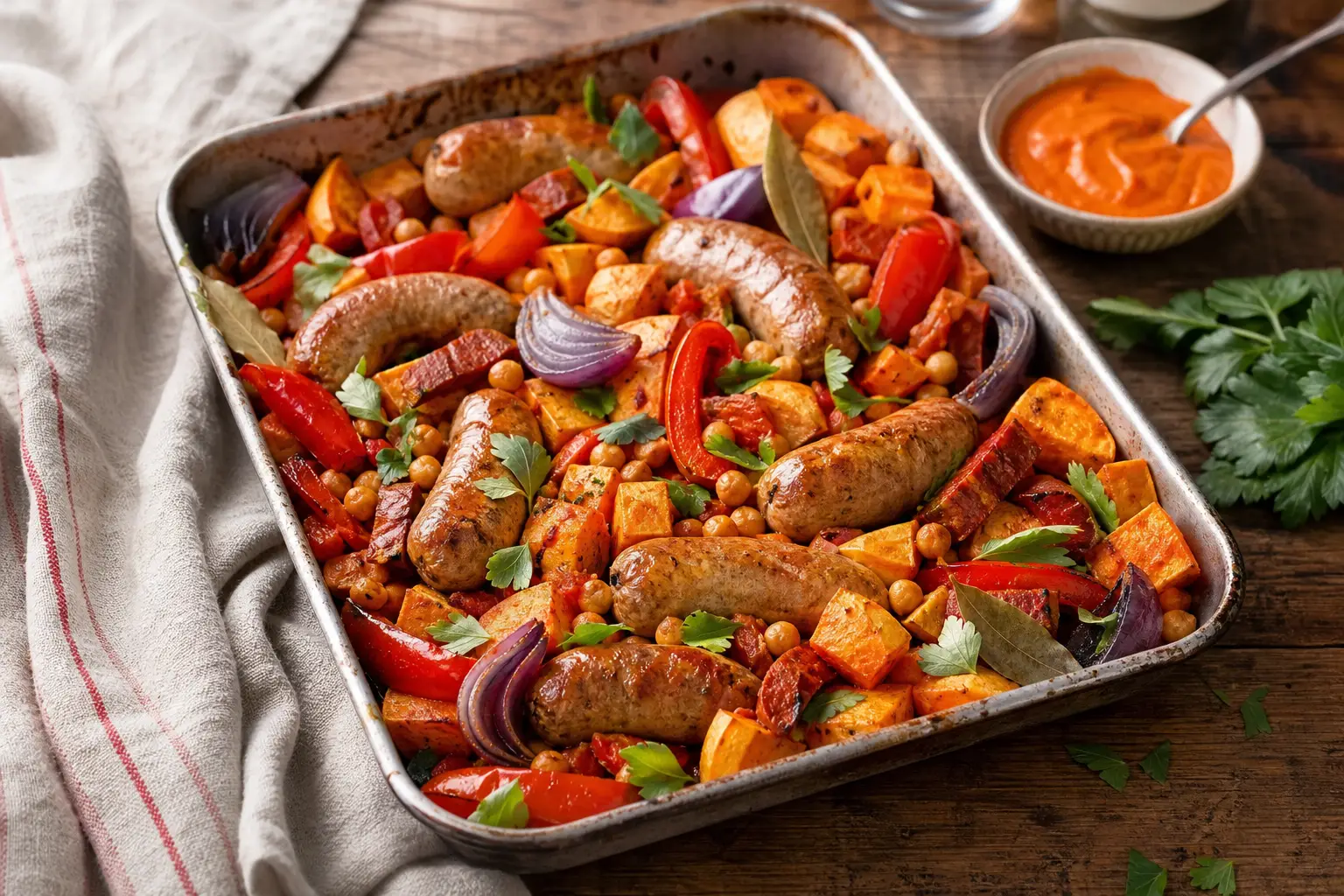 Spaanse Traybake met Kalfschipolata's en Zoete Aardappel