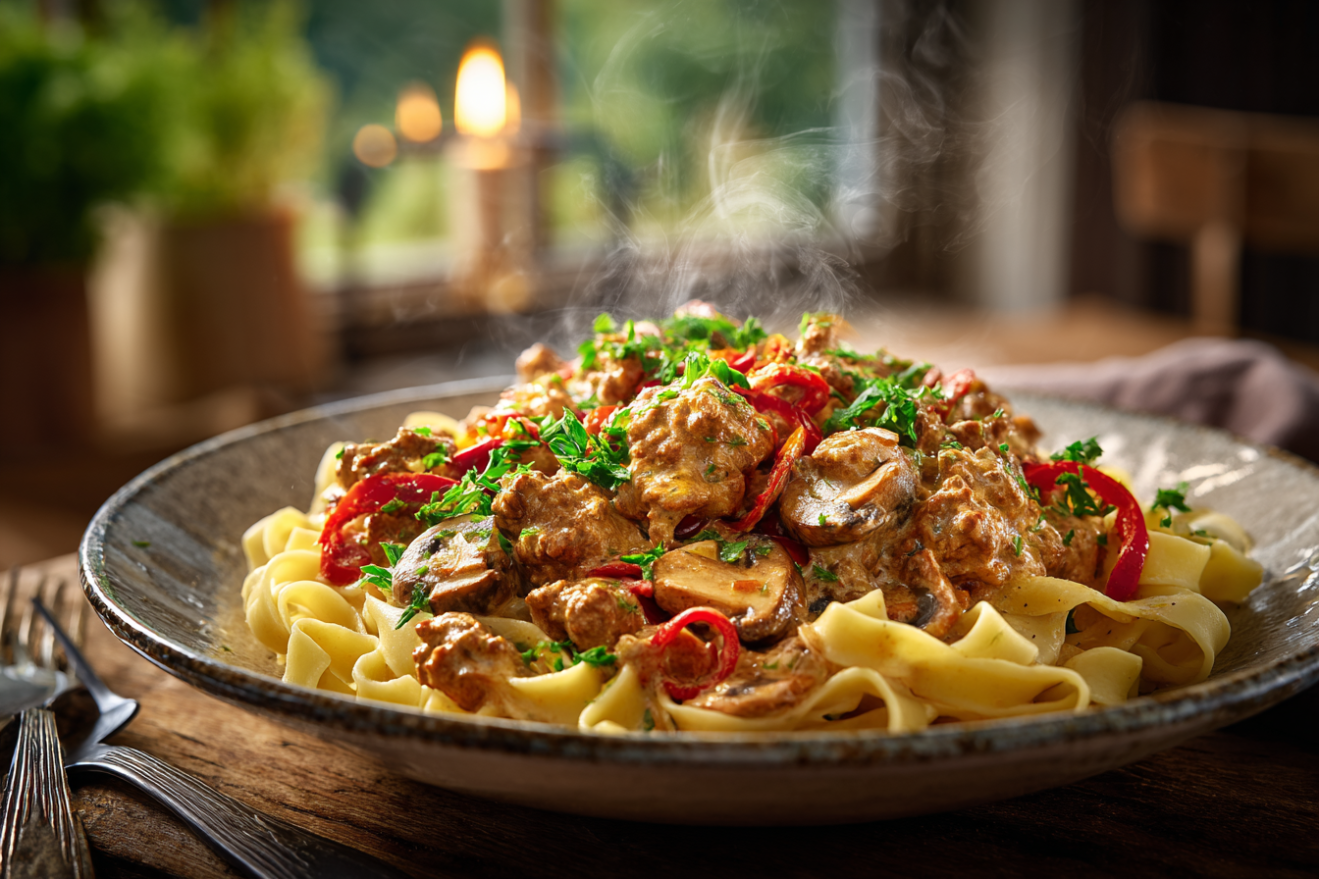 Romige kipgehakt stroganoff met champignons & paprika