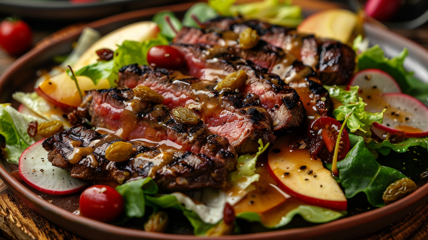 Gegrilde steak salade met appel, radijs & honingdressing